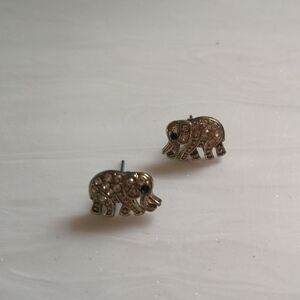 Elephant Stud Earrings with Crystal Accents - Gold Tone